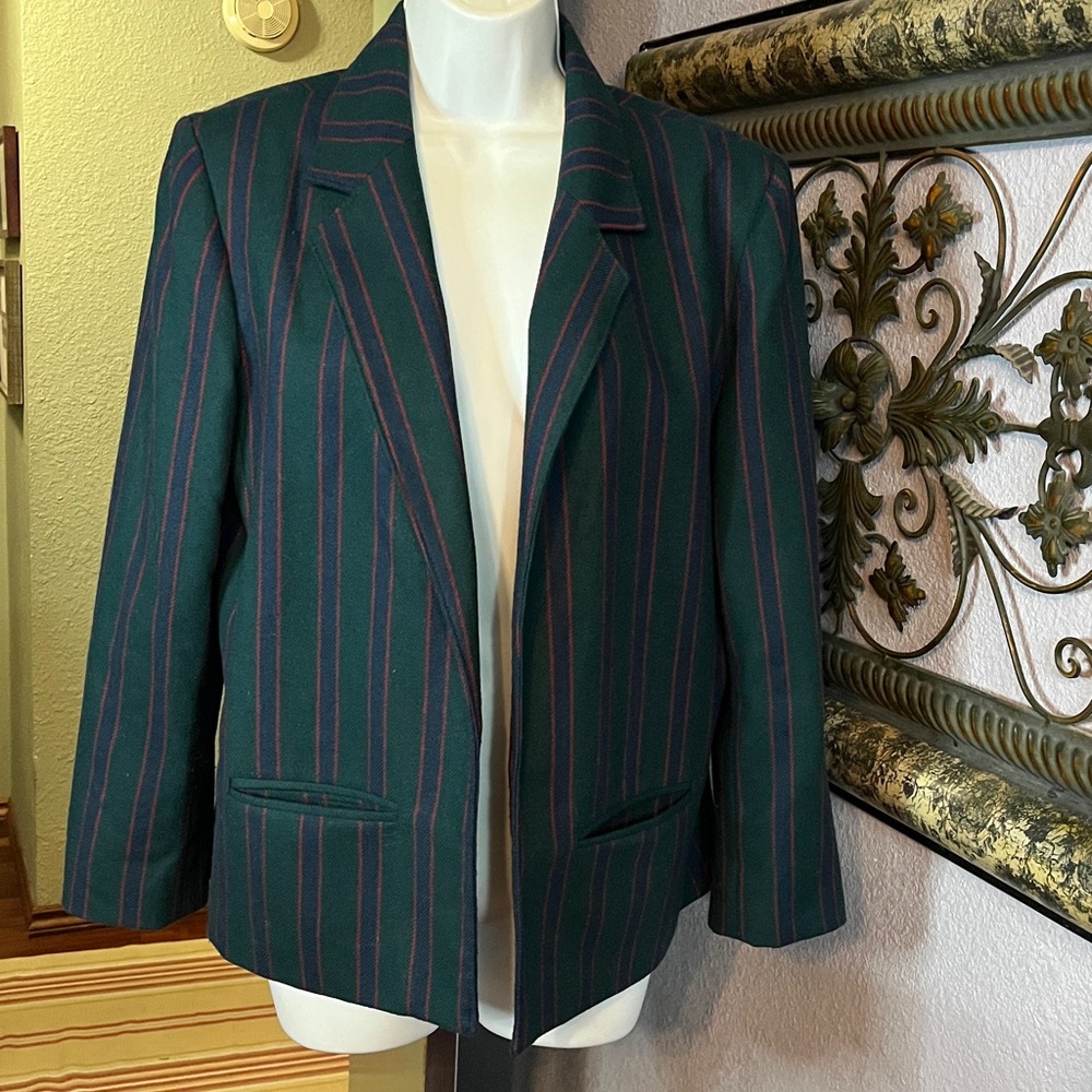 Vintage EUC TANJAY Green Striped Open Wool Blazer Sz 14